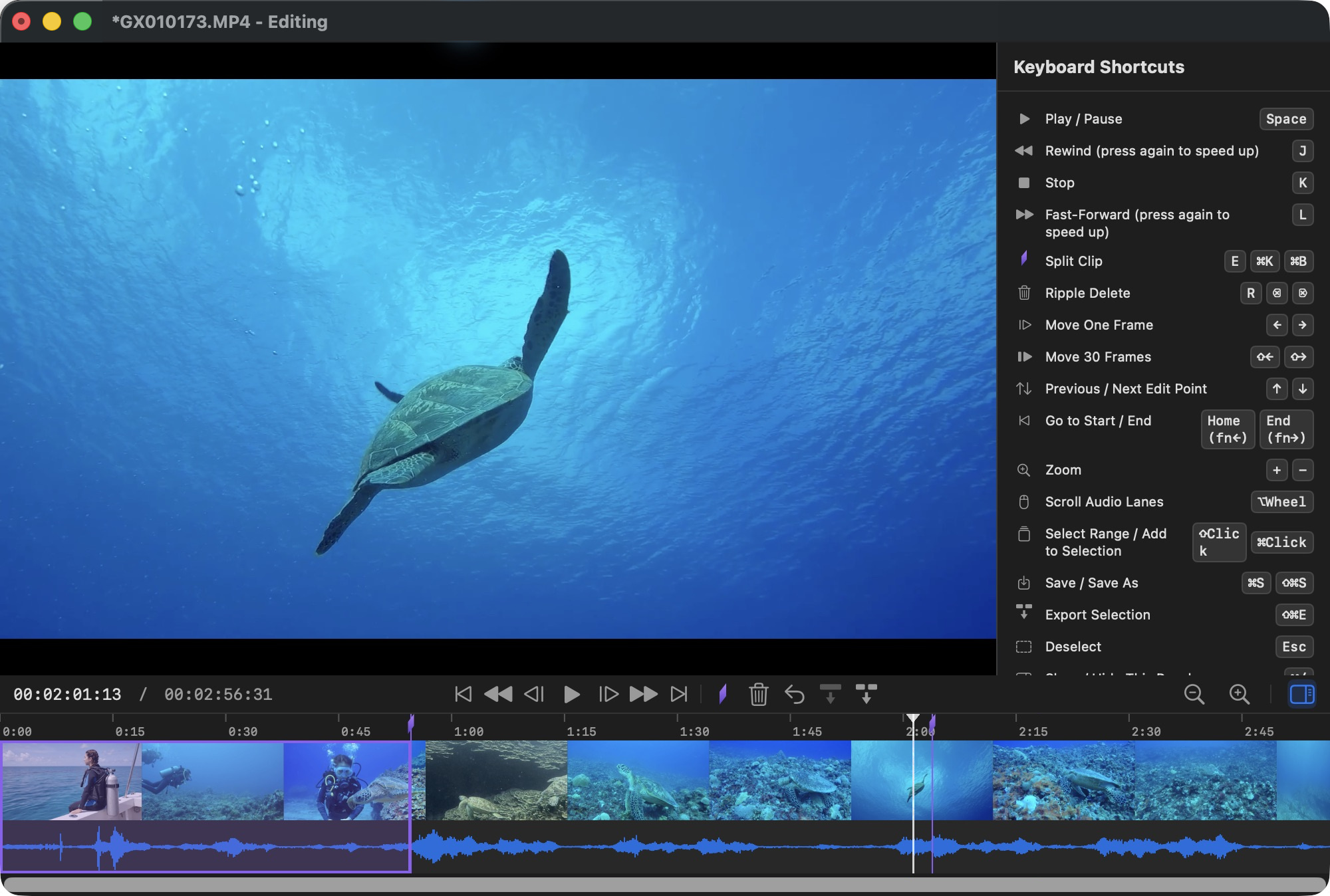 QuickCut video trimmer on Mac showing a video preview, purple clip selection and audio waveform